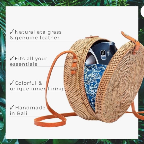 Round Rattan Bag Crossbody - Handmade Ata Wicker Woven Purse - Circle - Picture 6 of 9